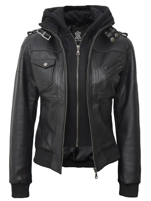 Edinburgh Womens Black Leather Hooded Jacket