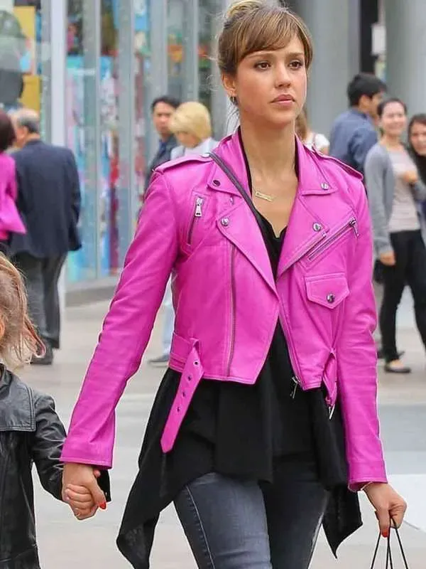 Jessica Alba Hot Pink Leather Jacket