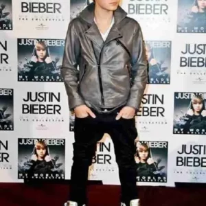 Canadian Singer Justin Drew Bieber Motorcycle Grey Leather Jacket