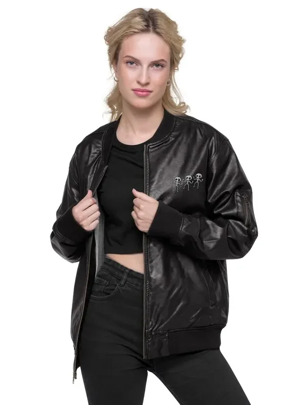 Leather Bomber Jacket with Embroidered Skeletons