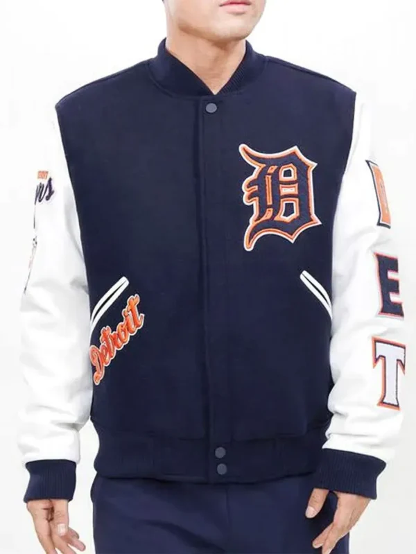 Letterman Detroit Tigers Navy Blue and White Jacket