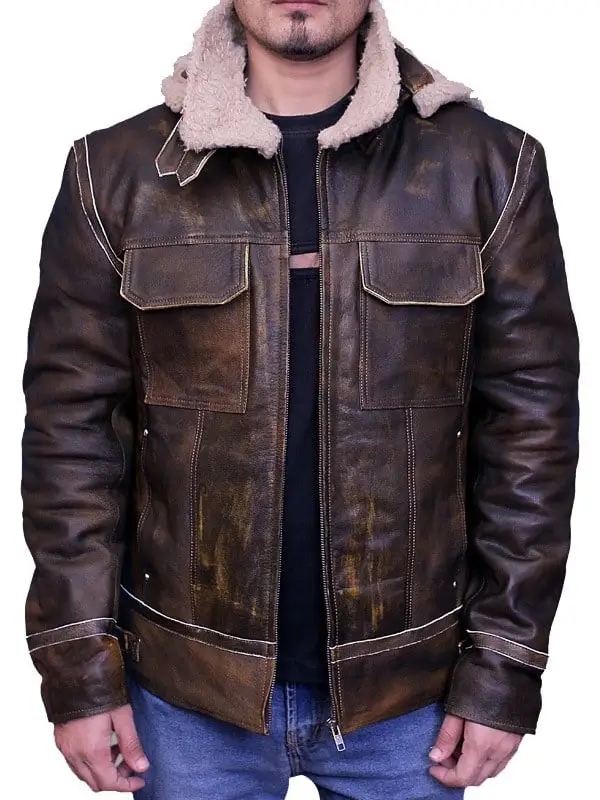 Men Aviator Leather Bomber Jacket with Fur Hood Brown