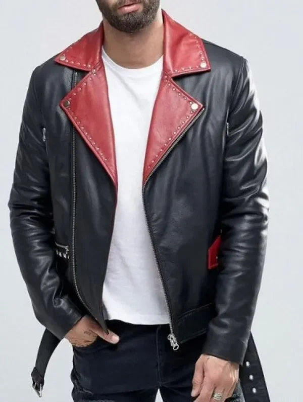 Men Belted Black With Red Lapel Leather Jacket