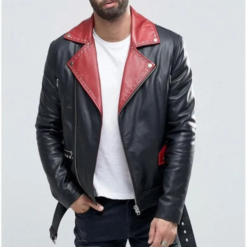 Men Belted Black With Red Lapel Leather Jacket