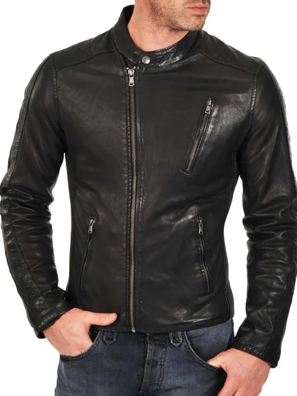 Men’s Biker Snap Button Asymmetrical Black Leather Jacket