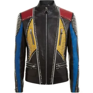 Mens Multicolor Studded Slimfit Leather Jacket