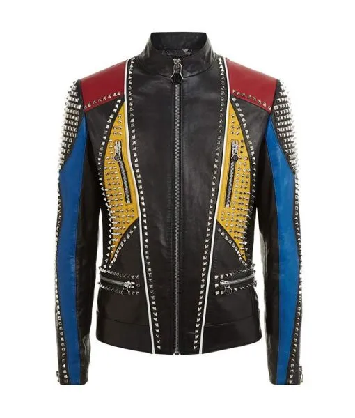 Mens Multicolor Studded Slimfit Leather Jacket