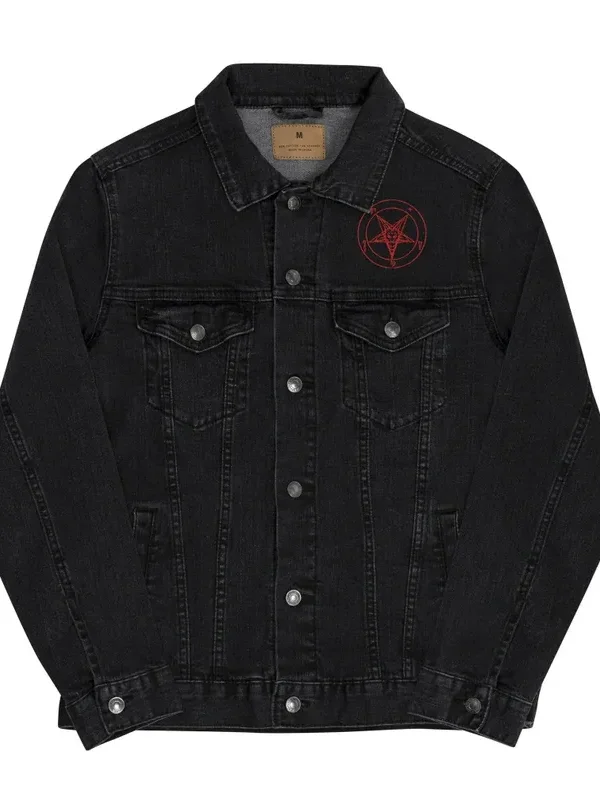 Red Embroidered Sigil of Baphomet on Black Denim Jacket