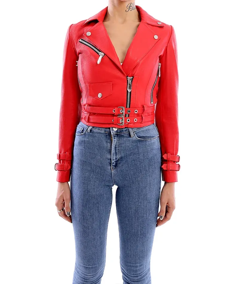 Red Long Spiked Silver Studded Leather Jacket