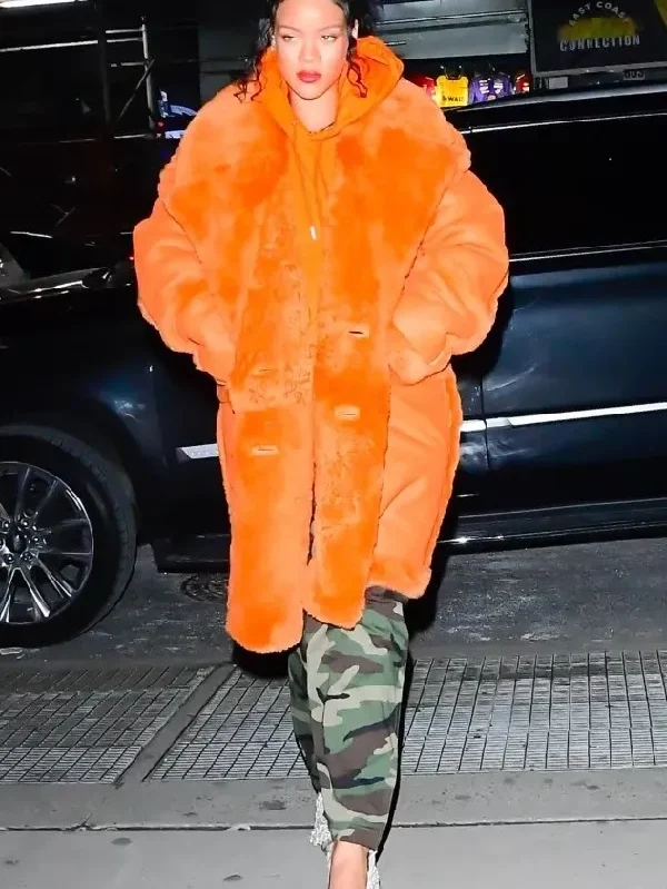 Rihanna Fur Collar Orange Leather Coat