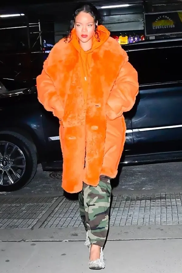 Rihanna Fur Collar Orange Leather Coat