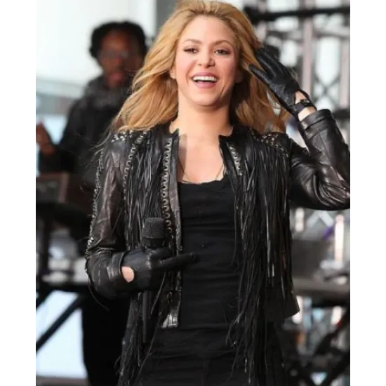 Shakira Studded Fringe Black Leather Jacket