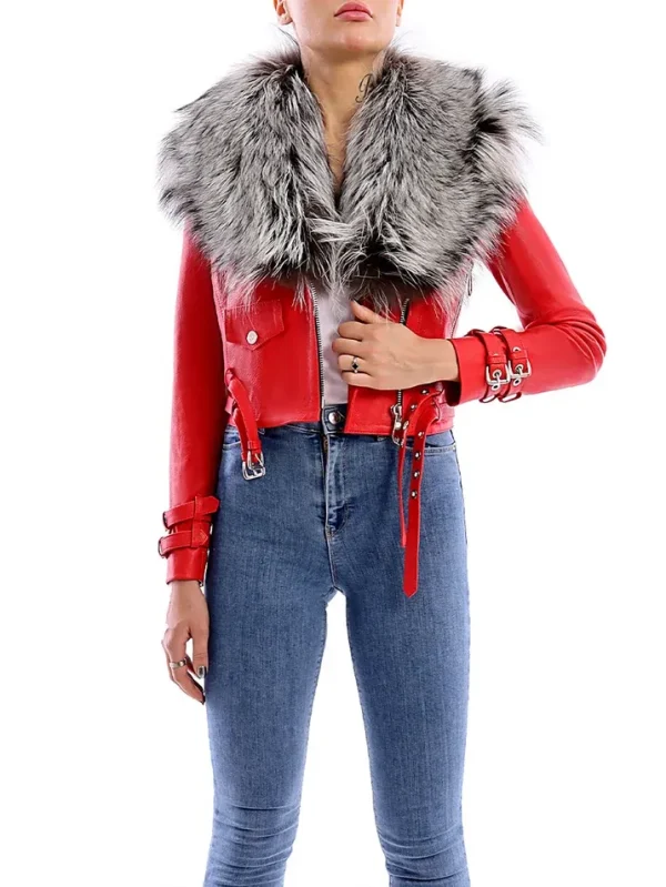 Women's Red Long Spiked Silver Studded Leather Jacket