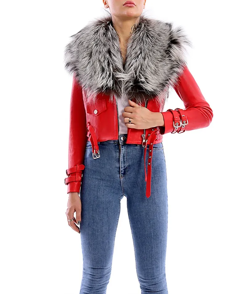 Women's Red Long Spiked Silver Studded Leather Jacket