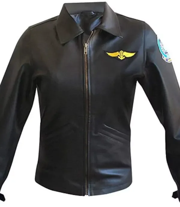 Women's Top Kelly McGillis Charlie Aviator Flight Pilot Black Leather Jacket