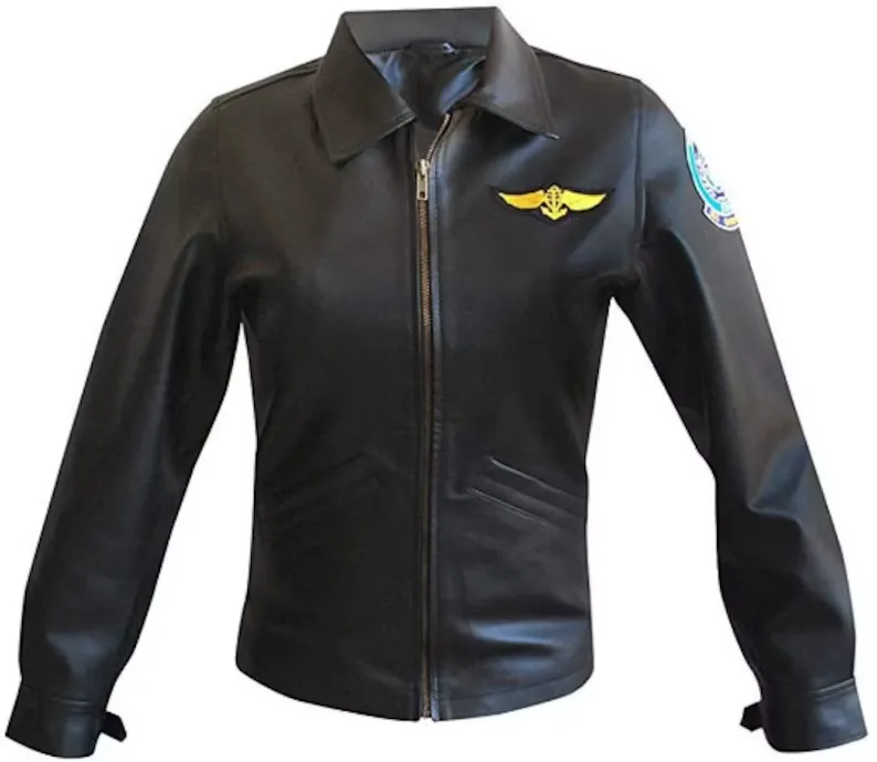 Women's Top Kelly McGillis Charlie Aviator Flight Pilot Black Leather Jacket