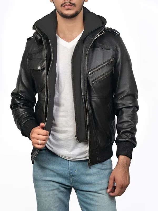 Men’s Black Bomber Erect style Leather Jacket