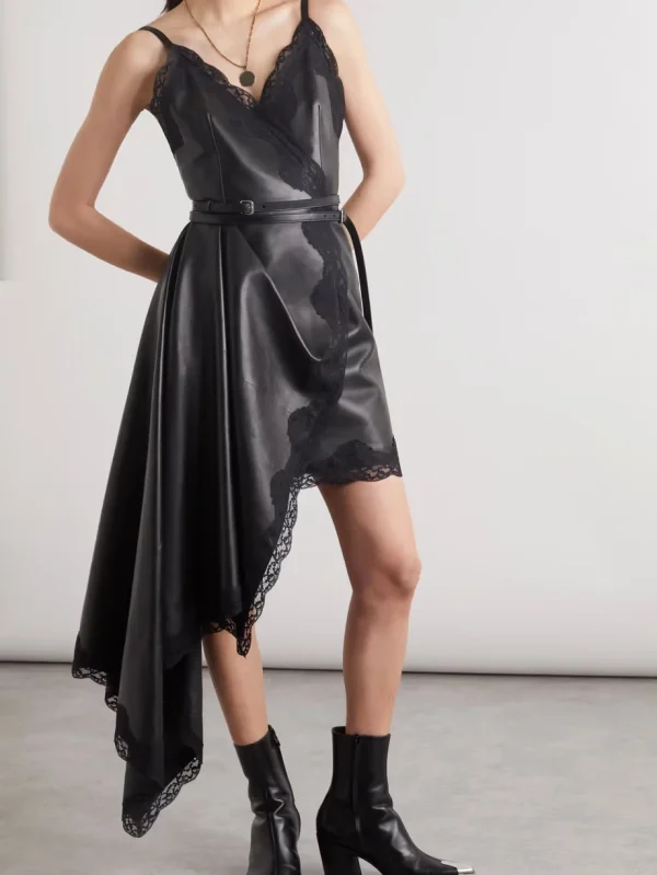 Asymmetric Draped Wrap Leather Dress