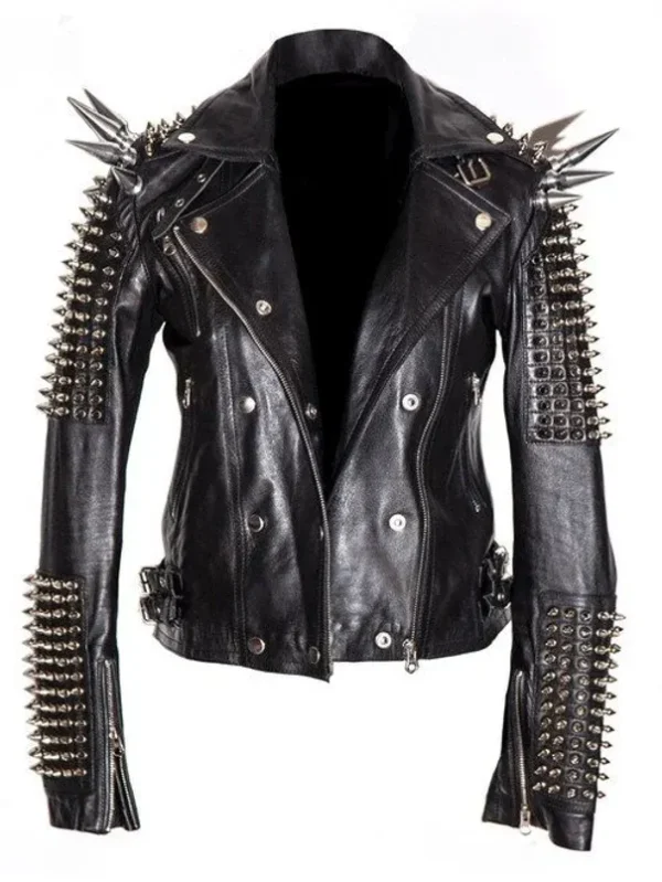 Men Silver Studded Long Spiked Jacket Leather