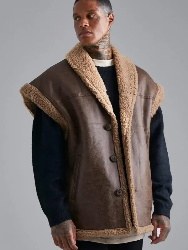 Men's Brown Leather Shearling Vest