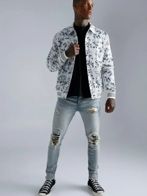 Men's White Bomber Print Jacket