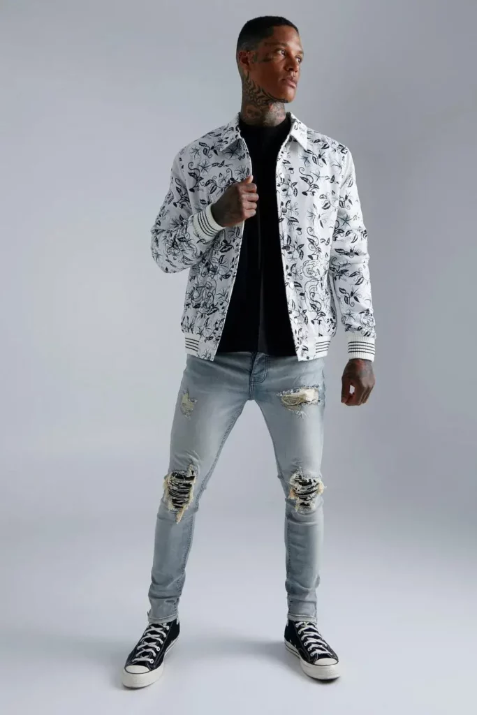 Men's White Bomber Print Jacket