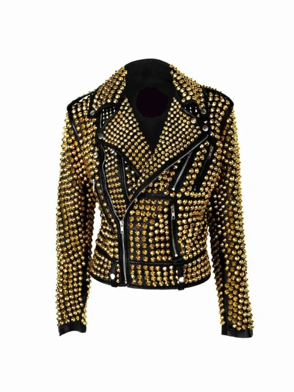 Punk Golden Studded Cowhide Brando Leather Jacket