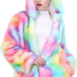 Women Faux Fur Rainbow Color Fluffy Winter Jacket