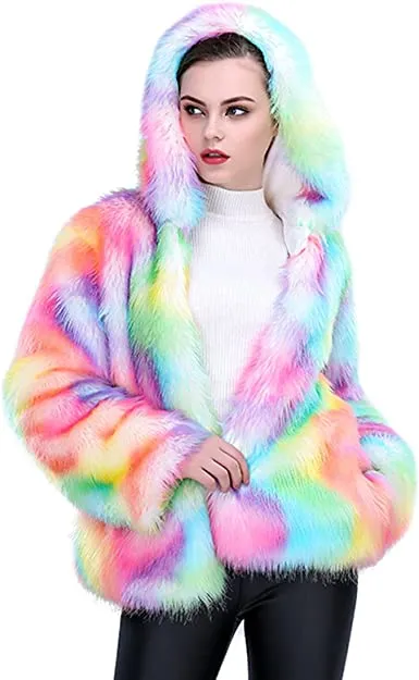 Women Faux Fur Rainbow Color Fluffy Winter Jacket