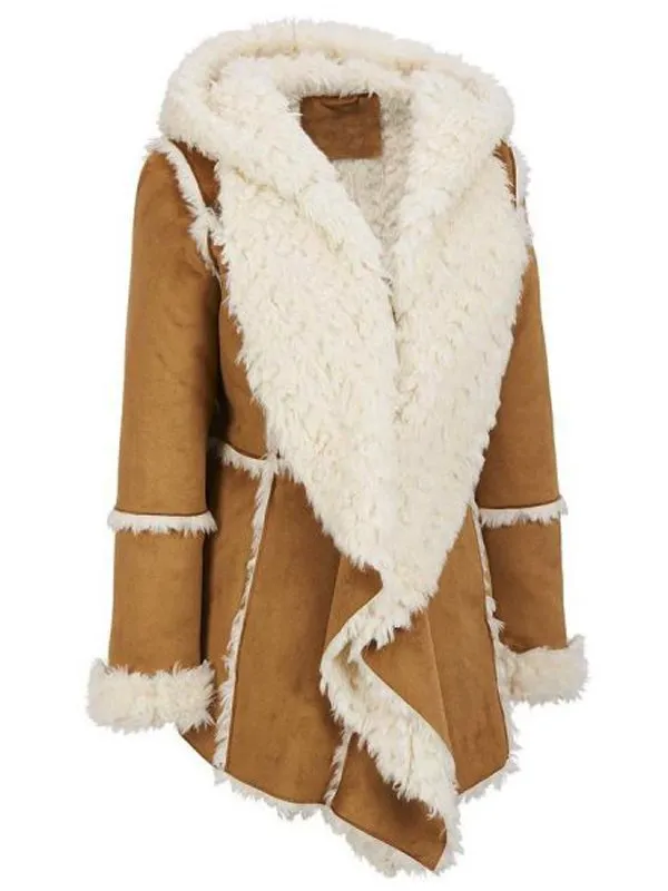 Women's Brown Shearling Hooded Overcoat