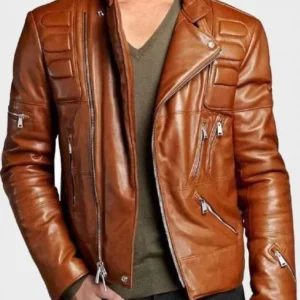 Mens Brown Padded Motorcycle Leather Jacket