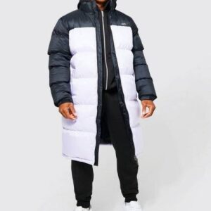 Mans Black & White Puffer Long Jacket With Hoodie