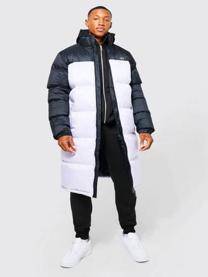 Mans Black & White Puffer Long Jacket With Hoodie