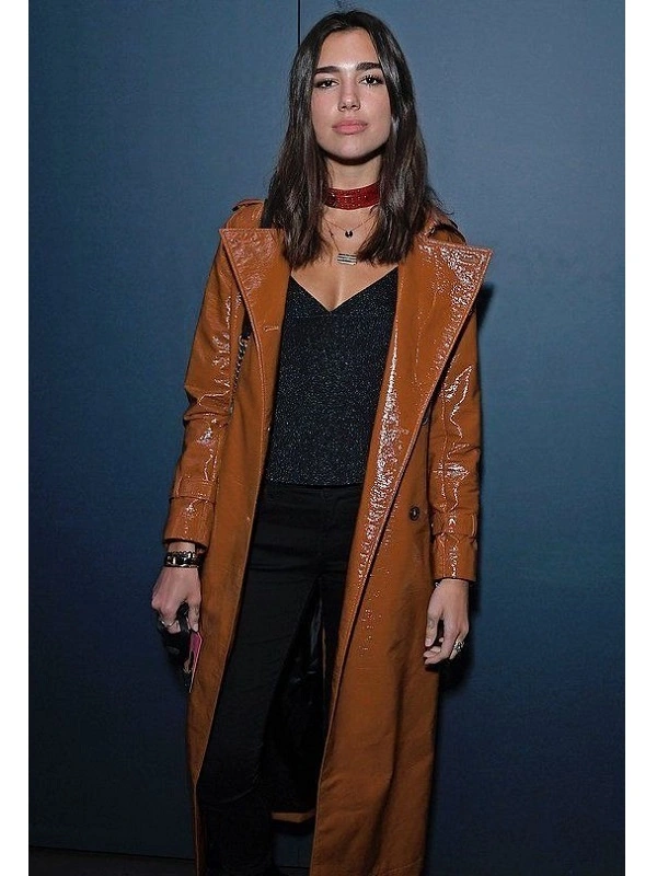 Singer Dua Lipa Shine Brown Leather Coat