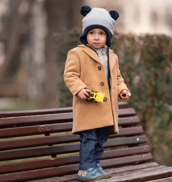 Baby boys wool coat with removable fur collar