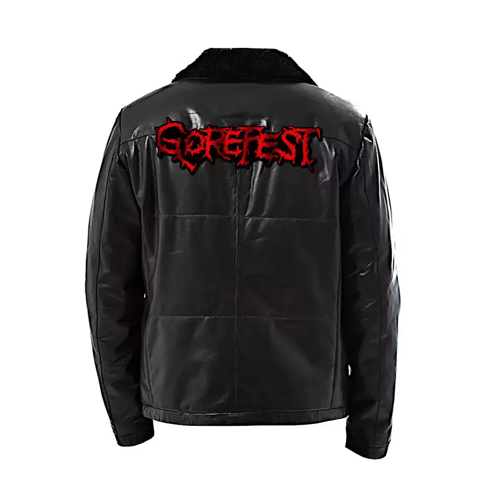 Black Genuine Leather Jacket with Gorefest Logo Back Patch