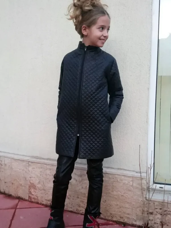 Black faux leather quilted coat for girls