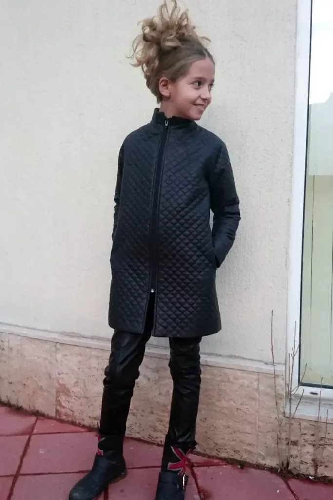 Black faux leather quilted coat for girls