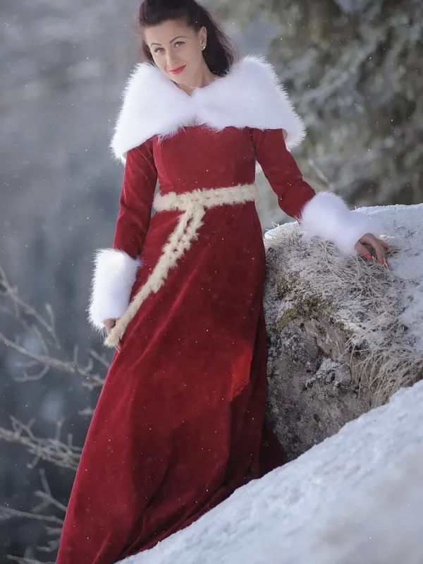 Christmas maxi red dress with white fur