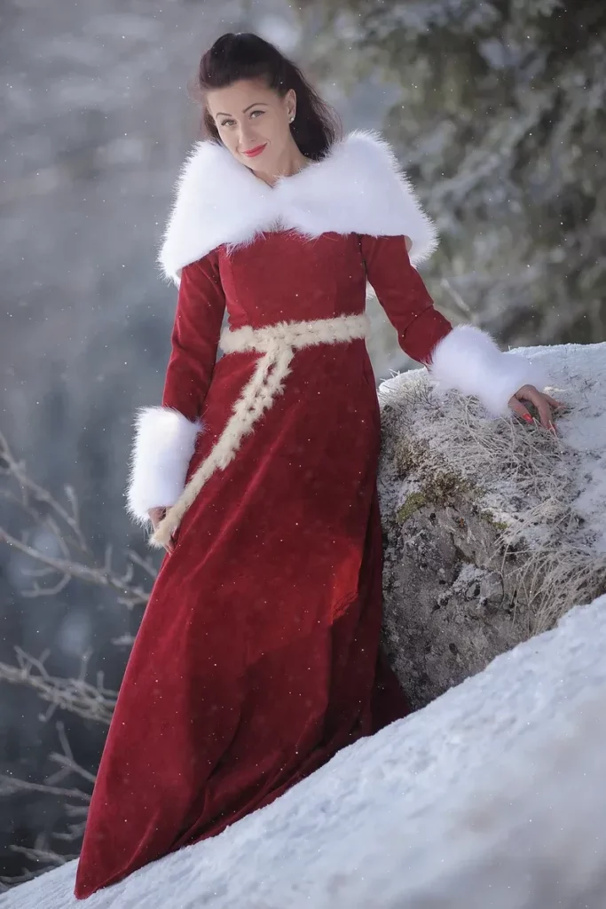 Christmas maxi red dress with white fur