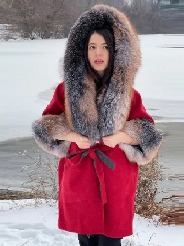 Fluffy Shearling Red Suede Leather Coat