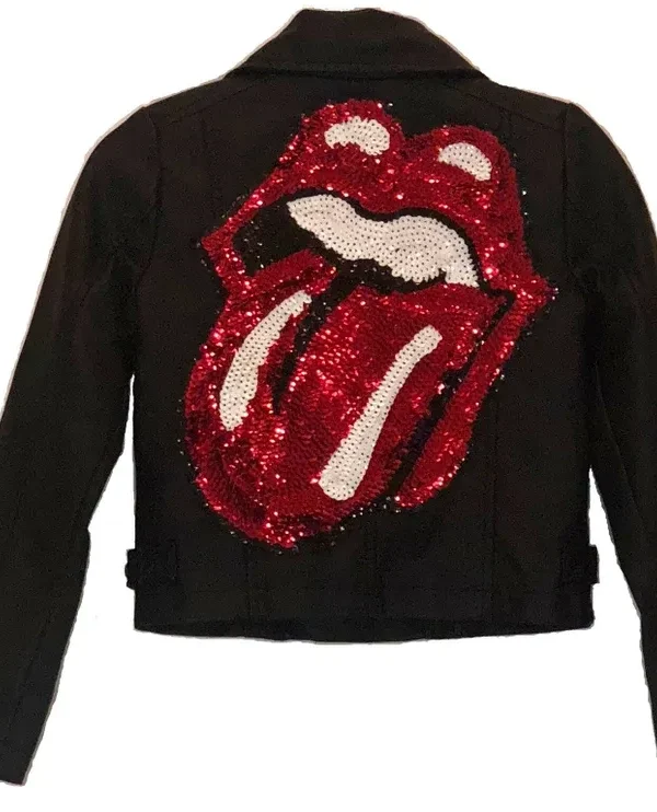 Kid's Black Leather Jacket With Large Sequin Tongue Patch