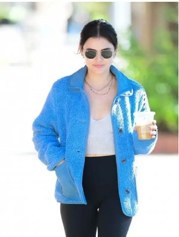 Lucy Hale in a Blue Fleece Jacket