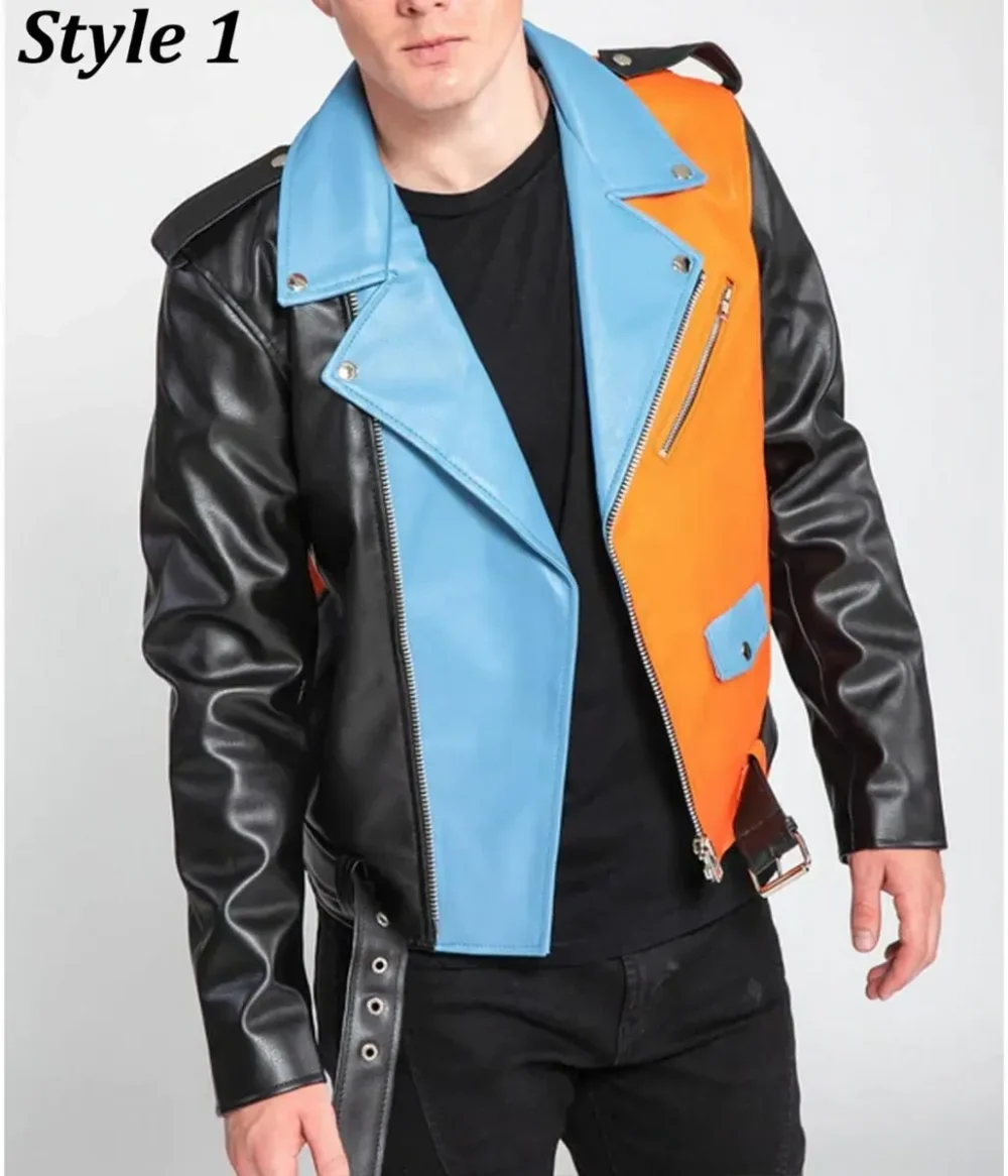 Men’s Moto Style Color Block Leather Jacket