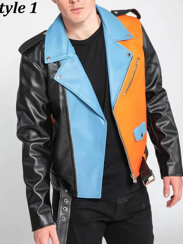 Men’s Moto Style Color Block Leather Jacket