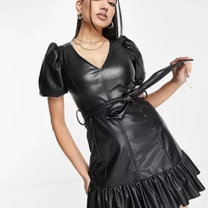 Miss Selfridge faux leather frill hem belted dress