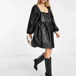 Tall tiered PU mini smock dress