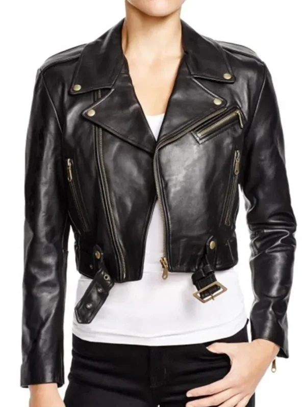 Women’s Asymmetrical Cropped Black Leather Biker Jacket