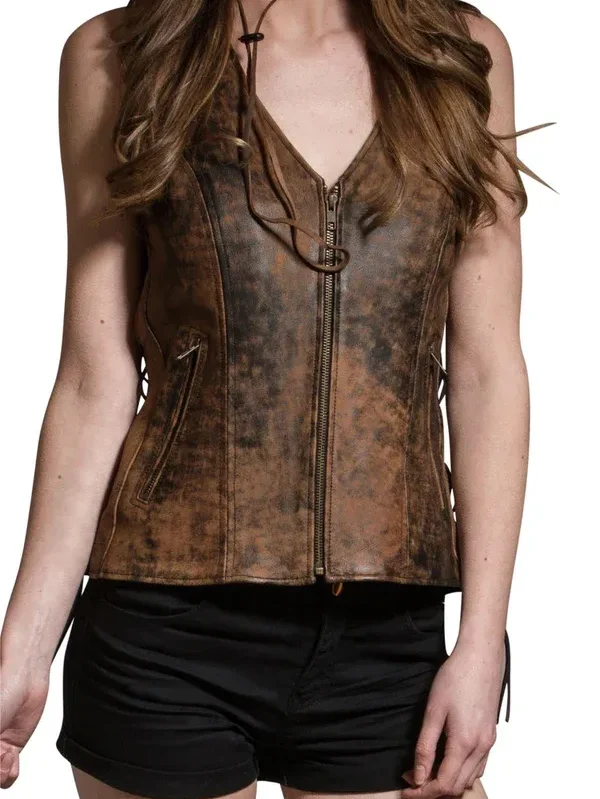 Women's Vintage Brown Side Lace Leather Vest