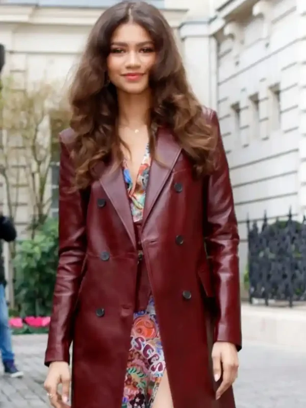 Actress Zendaya Maroon Leather Coat